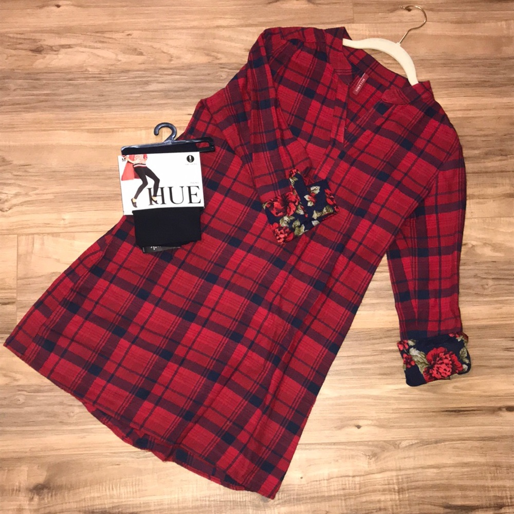 Red and navy plaid dress with navy leggings